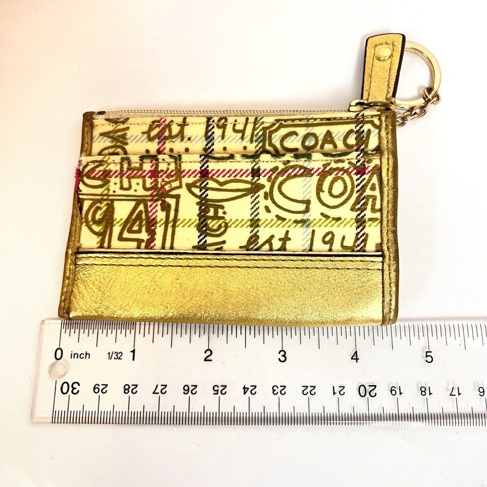 Coach Poppy Tartan Graffiti ID Case Skinny Mini Wallet Gold Plaid Keychain Rare - Picture 6 of 7